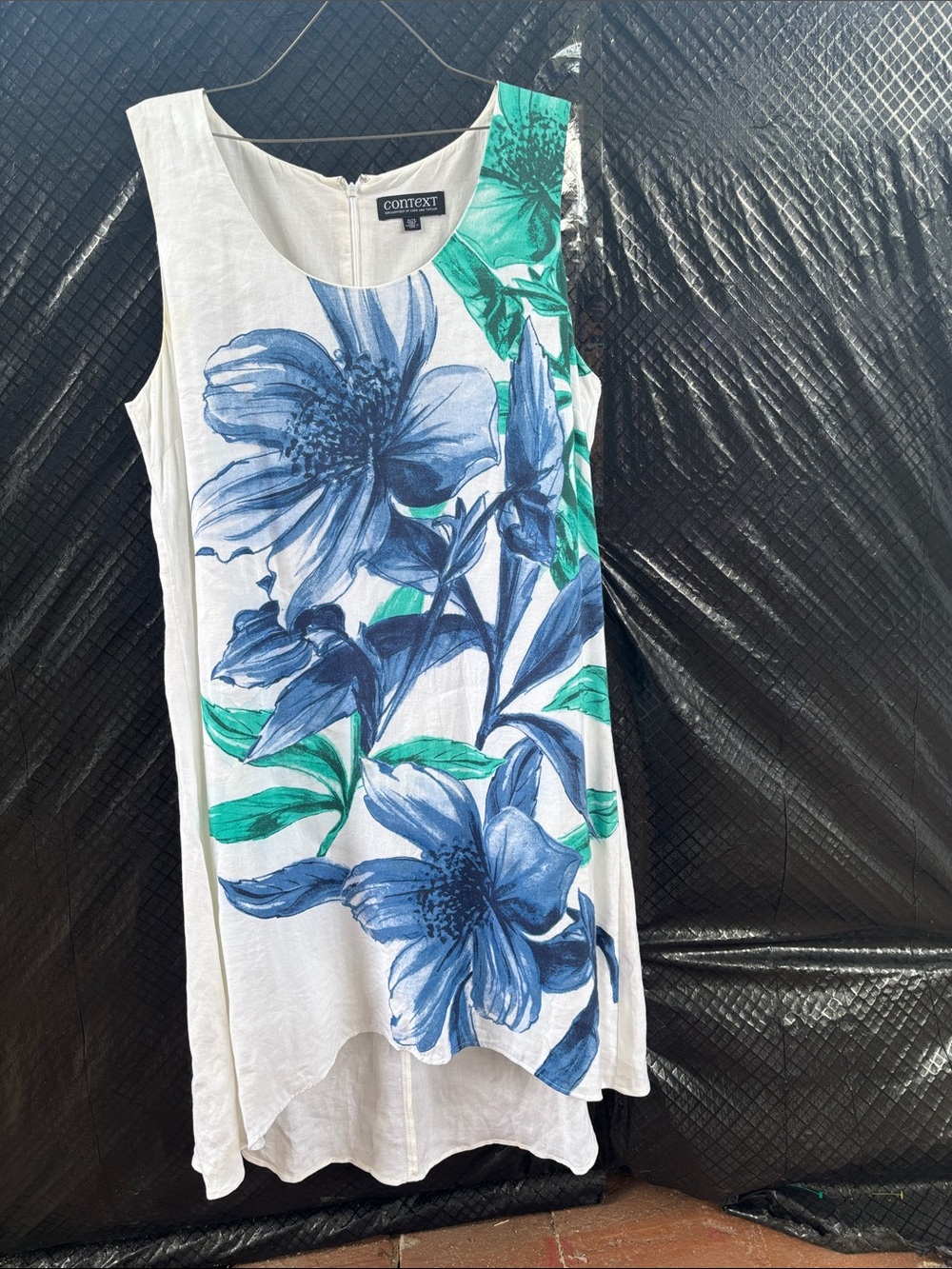 Context White Sleeveless Midi Dress with Blue Floral and Green Leaves